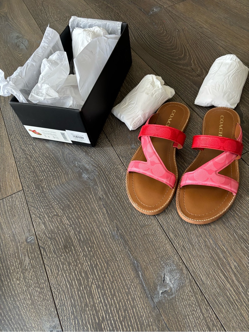 COACH Women's Red Coral Leather Slide Sandals NIB - Picture 2 of 8
